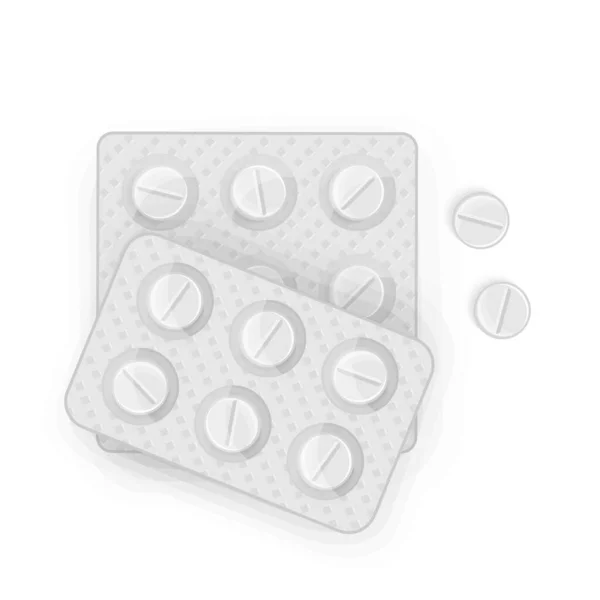 白の背景に隔離された病気や痛みの治療のための薬とブリスター タブレット用医薬品パッケージ ベクトルイラスト — ストックベクタ