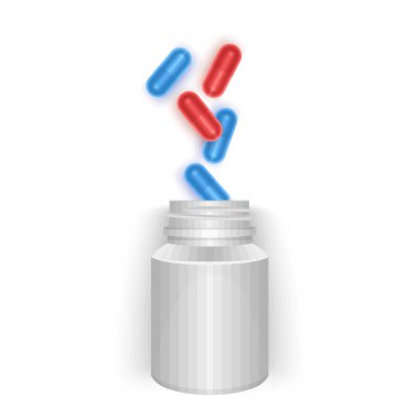 Beyaz arkaplanda çok renkli haplar ve beyaz kavanoz, vektör illüstrasyonu