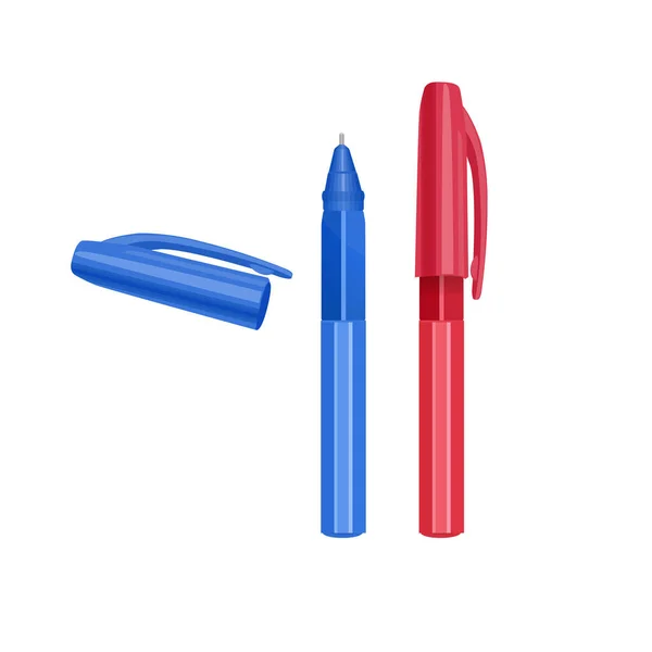 Halmaza golyóstoll realisztikus stílusban elszigetelt fehér háttér, piros és kék tollak, vektor illusztráció — Stock Vector