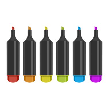 Kırpma yolu ile izole edilmiş arkaplanda renkli işaretleyici kalem seti. Tasarımınız veya montajınız için parlak ve boş boşluk. Vektör 10 biçimi