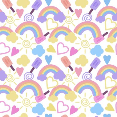 Gökkuşağı, bulutlar, kalpler ve diğer sevimli elementlerle kusursuz desen, karikatür tarzında arka plan. Vektör 10 biçimi