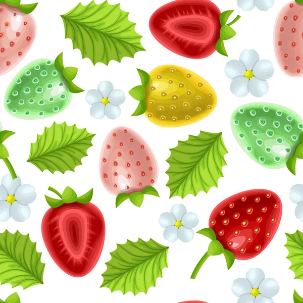 Seamless, endless botanical pattern with flowers and berries of strawberry on white background in cartoon style can be used like Template for kitchen design, packaging or textiles, vector illustration — Stockvektor