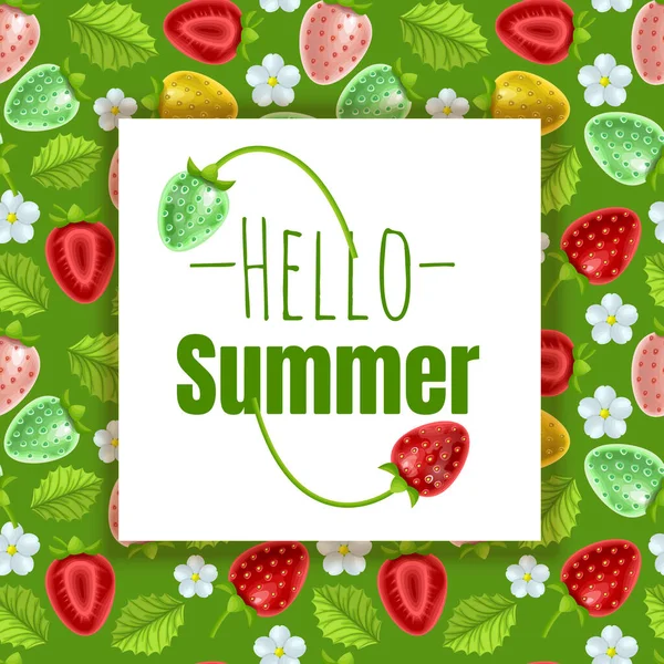 Дизайн баннера Hello Summer Поздравительная открытка украшена клубничными фруктами на абстрактном цветном фоне. Векторная иллюстрация — стоковый вектор