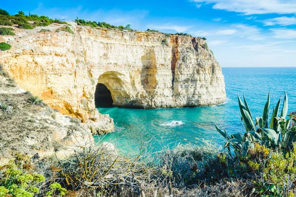 Portugalia Algarve cave Zobacz z lokalnej roślinności typowe — Zdjęcie stockowe