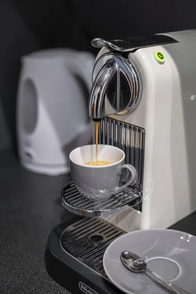 Budapest Hungary November 2019 Coffee Making Process Household Delonghi Nespresso Obrazek Stockowy