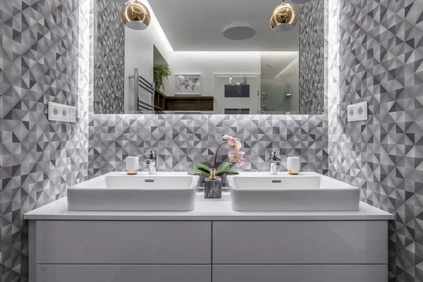 Budapest Hungary April 2019 Double Sink Luxurious White Marble Bathroom Obrazek Stockowy