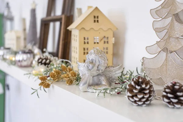 Neutral Wooden Christmas Holiday Home Decoration Shelf Still Life — Stock Photo, Image