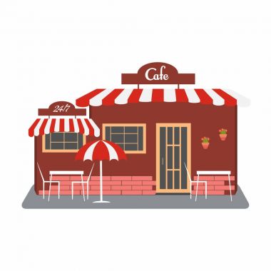 Kafe, sokak bistro bina cephe. Küçük bina çatı, tablolar, şemsiye, çiçekler ile. Sadece boyutu, Tabela metni değiştirebilirsiniz. Vektör çizim