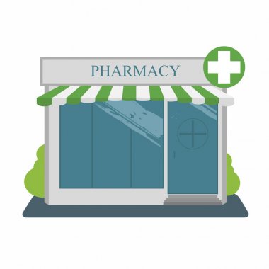 Eczane, Bina cephe sokak. Küçük bina çatı, çalılar. Sadece boyutu, Tabela metni değiştirebilirsiniz. Vektör çizim