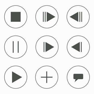 Müzik, video düğmeleri kümesi. Çal, Duraklat, durdur, ileri sohbet geri vektör çizim Ekle