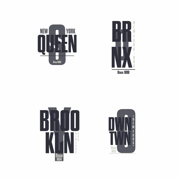 Bronx Brooklyn Queens Downtown Nueva York Diseño Impresión Camisetas Conjunto — Archivo Imágenes Vectoriales