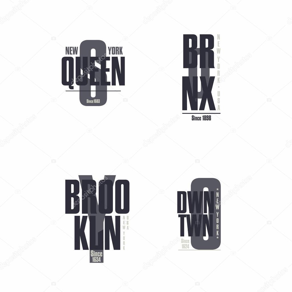 The Bronx, Brooklyn, Queens, Downtown, New York City lettering. T-shirt printing design. Set of stamps, prints for sportswear or streetwear apparel. Vector illustration