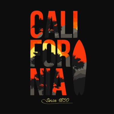 California. Avuç içi, dağlar ve günbatımı içinde. Tipografi t-shirt grafik için. Vektör
