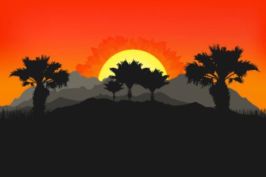 Kaliforniya, yatay, avuç içi ve güneş. Arka plan üzerinde gün batımı. Dağlar, tropic için duvar kağıdı palms. Vektör