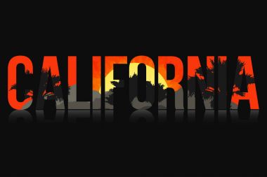 Kaliforniya, yatay, avuç içi ve güneş. California avuç içi ile yazı dağlar, günbatımı içinde. Vektör