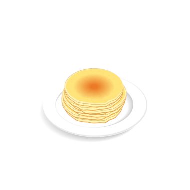 Plaka üzerinde kabarık ve taze krep yığını. Kahvaltı yemek menüsü, izometrik görünümü. Vektör çizim