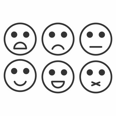 Memnuniyet derecesi. Tek renkli duygular, suratlar, emoji şeklinde geribildirim. Mükemmel, iyi, normal, kötü korkunç sessiz vektör çizim