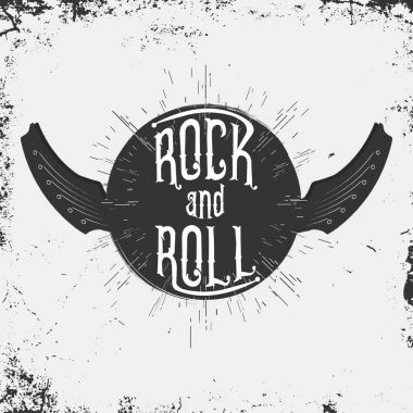Rock and Roll müzik yazdırma. Grunge yazı ve gitar formda kanatlar ile T-shirt için yazdırma. Tek renkli vintage etiket, damga yıldız patlaması ve ray ile. Vektör çizim