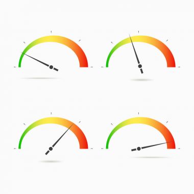 Hızölçerler Icon set. Dört pozisyon düşük, orta, yüksek, hızlı arama. Infographic için renkli öğe. Vektör