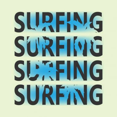 Sörf yazı ile avuç içi. Arka plan tropikal avucunda. Tipografi için t-shirt, baskı, poster, afiş, sörfçü kıyafetleri için. Vektör