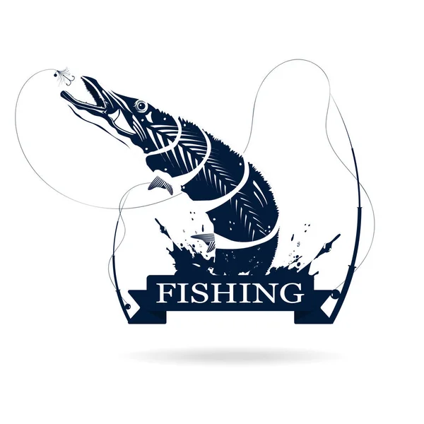 Logotipo Pesca Ilustração Monocromática Lúcio Com Cana Pesca Isca Vetor — Vetor de Stock