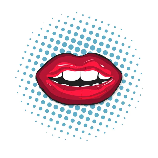 Labios Rojos Femeninos Cerca Ilustración Colorida Retro Sobre Fondo Pop — Vector de stock