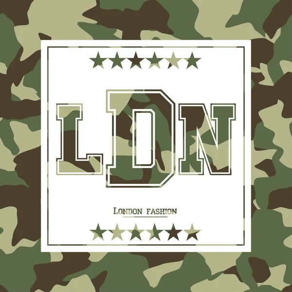 伪装字体为衣服与文字伦敦 Ldn 运动服装矢量印花 — 图库矢量图片