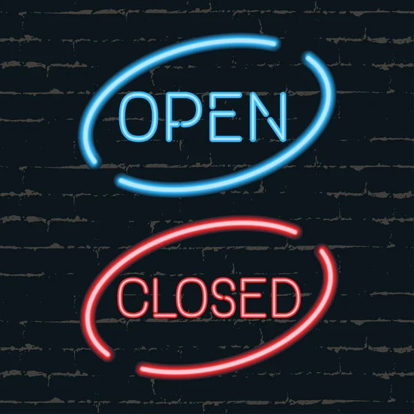 Open Closed Signborads Neon Effect Blue Red Colors Dark Background — Stock Vector