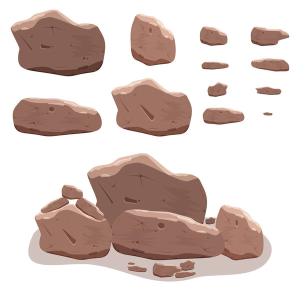 Rocks, stones set in cartoon style. Twelve isometric 3d boulders. Vector illustration