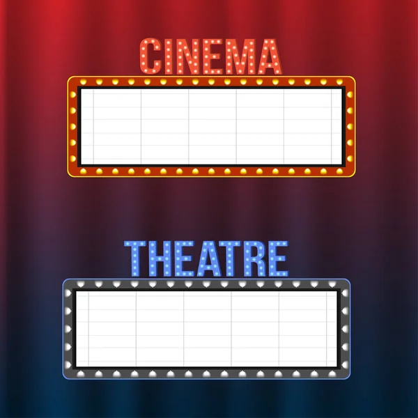 Cinema Theatre Signboards Blue Red Curtains Spotlights Vintage Frames Space — Stock Vector