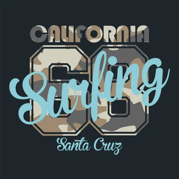 Tipografía Camuflaje Para Surfistas Ropa Con Letras Surf California Santa — Vector de stock