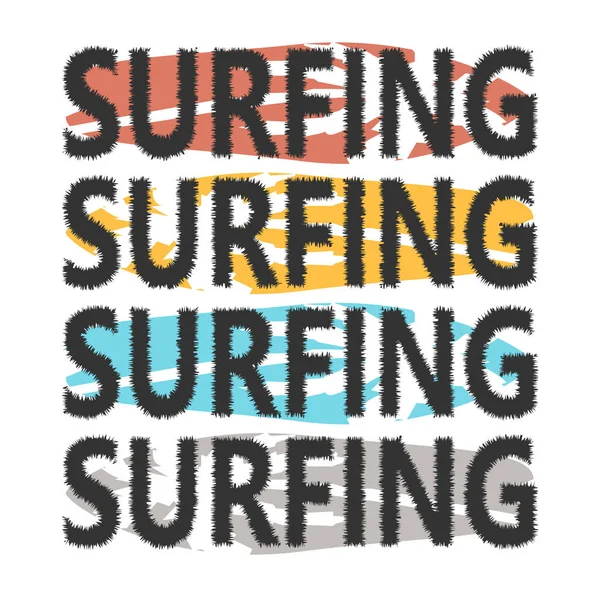 彩色冲浪板与文字冲浪 背景上有手掌的冲浪板 印刷品 冲浪者衣服的版式 — 图库矢量图片