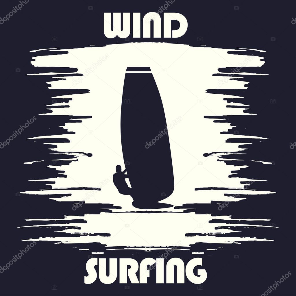 Windsurfing t-shirt graphic design. Artwork apparel stamp. Vector illustration