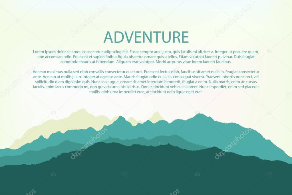 Adventure. Mountain background landscape and hills silhouette. Vector