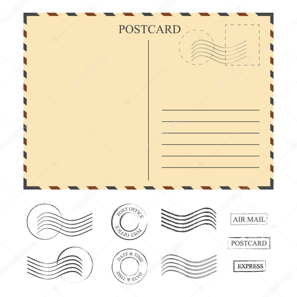 Vintage postcard with stamps, template. Set of stamps. Vector illustration