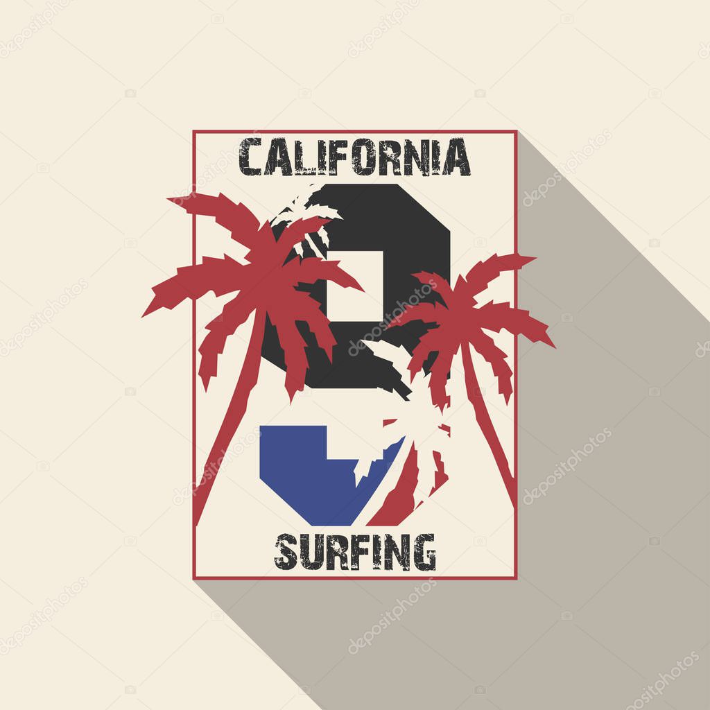 California beach typography with palms. T-shirt printing design for sportswear apparel. Vector illustration of a surfing in California.