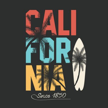 California, surfing typography. T-shirt graphics with tropic palms. Vector clipart