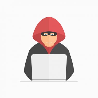 Hacker, maske ve dizüstü bilgisayar ile hood suç. Vektör
