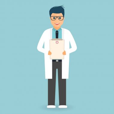 Doktor elinde tıbbi pano ile. Gözlük yakışıklı genç doktor. Sağlık personeli kavramı. Vektör çizim