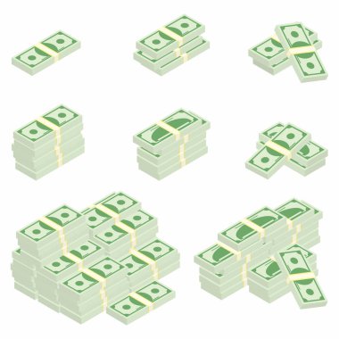 Dolar. Paket içinde çeşitli açılardan banknotlar. Farklı yığınlar ve nakit yığınları. Vektör