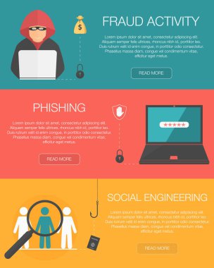 Siber suç yatay afiş dolandırıcılık, kimlik avı ve sosyal mühendislik. Düz tasarım. Vektör çizim