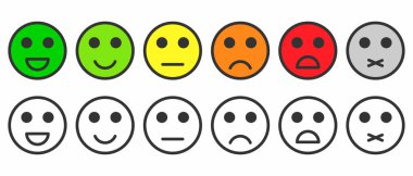 Memnuniyet derecesi. Geribildirim siyah beyaz ve renkli duygular, emojis şeklinde. Mükemmel, iyi, normal, kötü, berbat, sessiz. Vektör