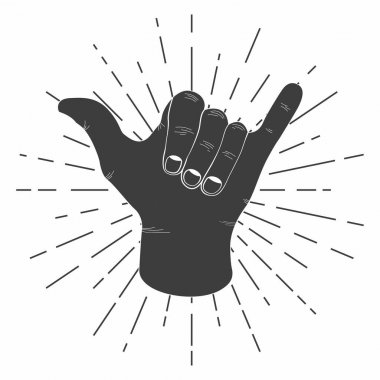 Retro Sunburst Shaka el sörf. Vintage shaka işareti tipografi t gömlek ve poster yazdırma için. T-shirt grafik. Vektör