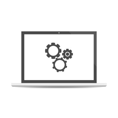 Test sistem kutsal kişilerin resmi. Fonksiyonel test yazılımı. Laptop ile arka plan üzerinde izole cogwheels. Vektör