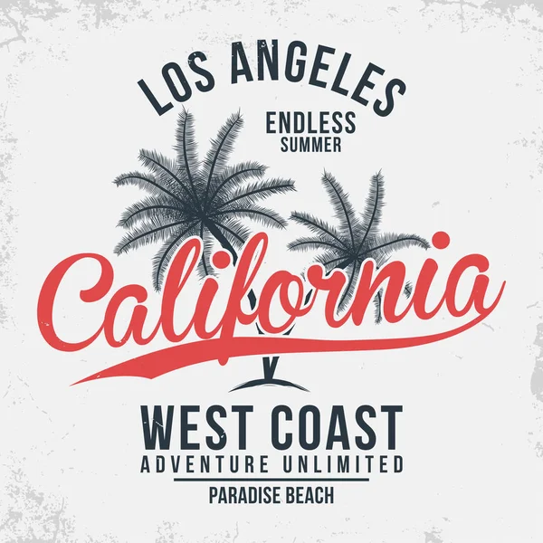 Tipografía California Los Ángeles Camisetas Gráficas Con Palmas Tropicales Vector — Vector de stock