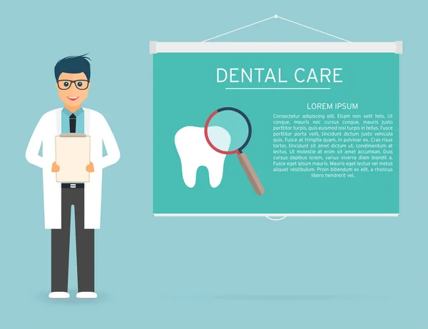 Arts Met Medische Klembord Handen Tand Vergrootglas Tandheelkundige Zorg Projectiescherm — Stockvector