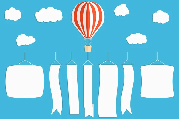 Uçan Reklam Afişi Sıcak Hava Balonu Mavi Gökyüzü Arka Plan — Stok Vektör
