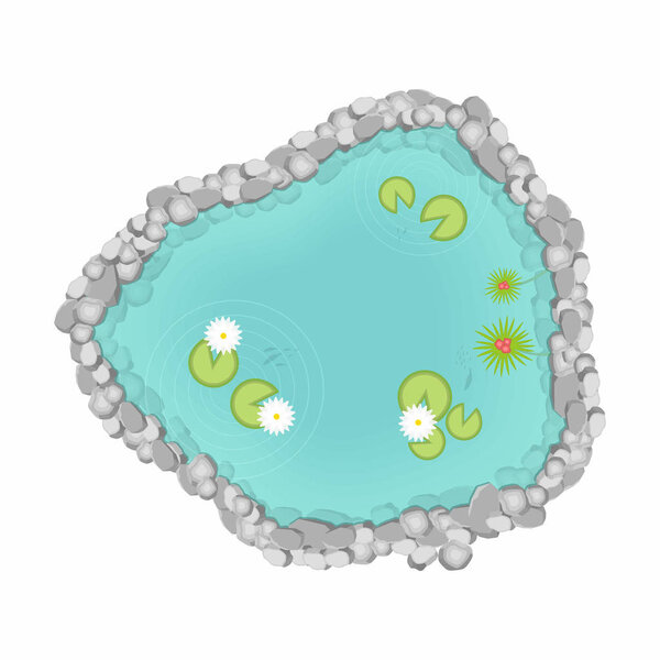 Озеро вид сверху. Пруд, декоративный бассейн с камнями, растениями, камышами и рыбой в воде. Карикатурный стиль, вид сверху. Вектор
