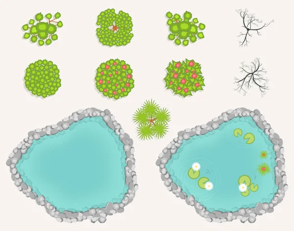 Lago Árboles Vista Estanque Piscina Decorativa Con Rocas Plantas Cañas — Vector de stock