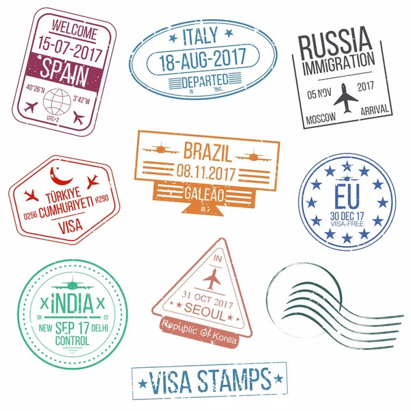 Vize Pasaport Pulları Kümesi Uluslararası Gelen Yolcu Lastik Pullar Imzala — Stok Vektör